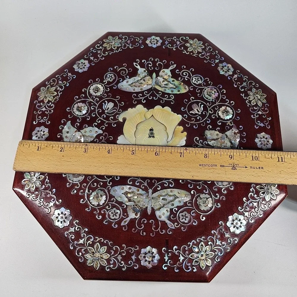 Antique China Mother of Pearl Inlay Lacquer Wooden Octagon Jewelry Bento Box